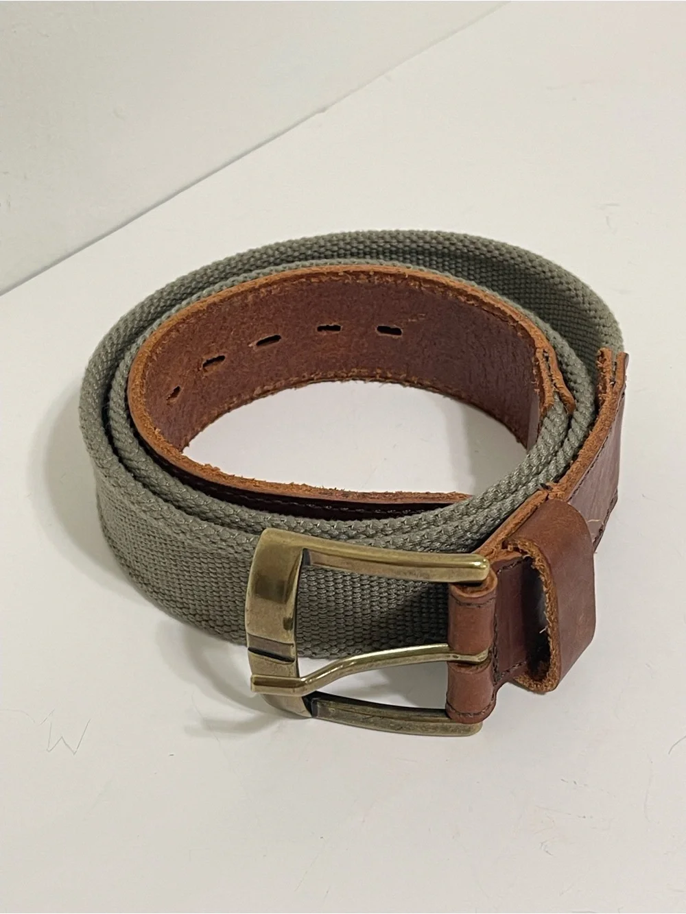 Vintage Eddie Bauer Khaki Canvas Belt Brown Leather Trim Preppy Neutral Men 40